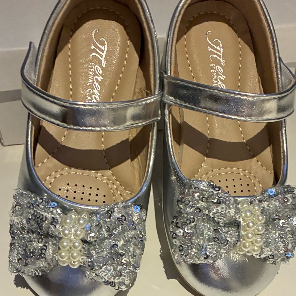 Elegant Silver Kids Dress Shoes with Bow